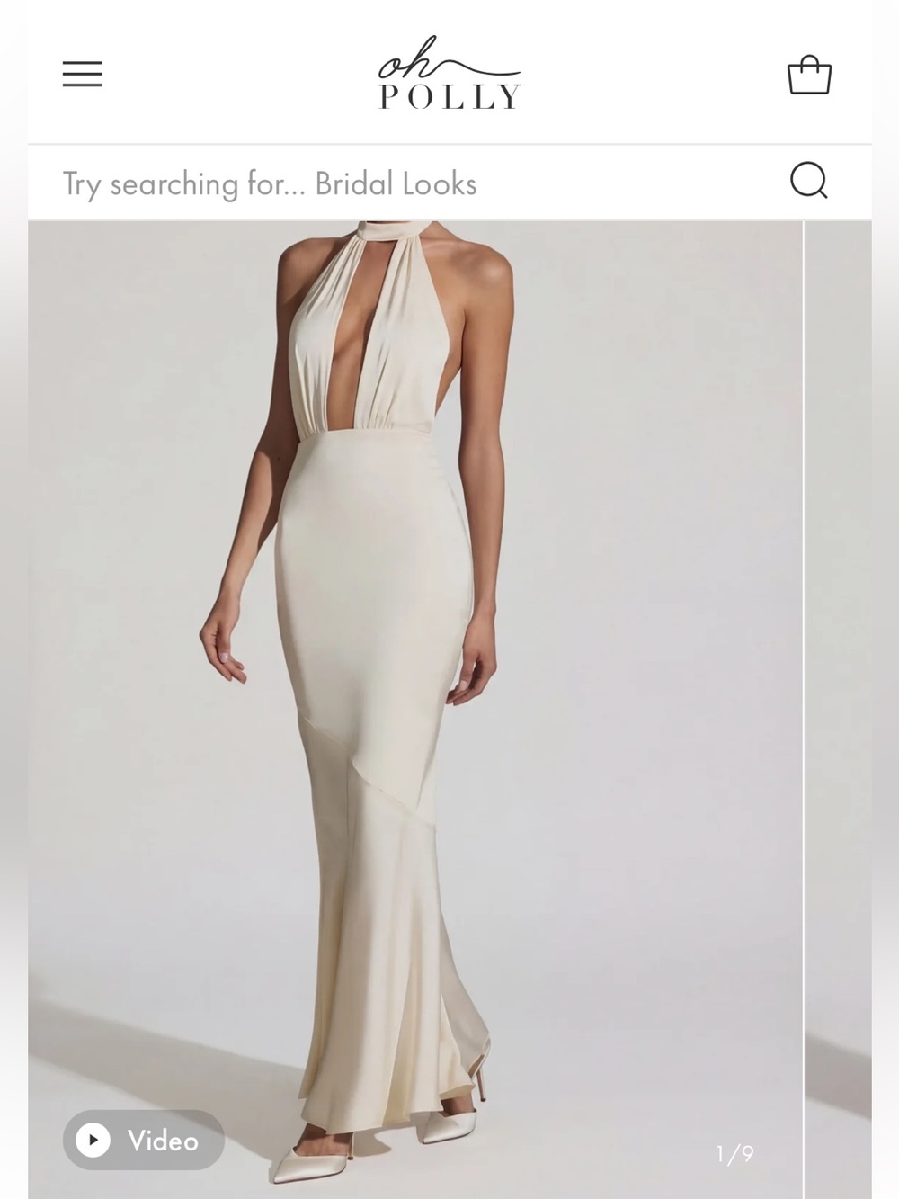 Oh Polly Cream Halter Plunge Maxi Gown